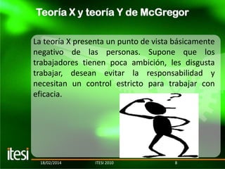 Teoría X y teoría Y de McGregor
La teoría X presenta un punto de vista básicamente
negativo de las personas. Supone que los
trabajadores tienen poca ambición, les disgusta
trabajar, desean evitar la responsabilidad y
necesitan un control estricto para trabajar con
eficacia.

18/02/2014

ITESI 2010

8

 