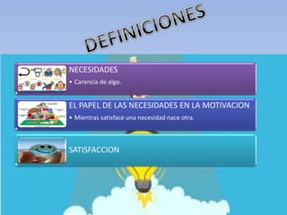 NECESIDADES
• Carencia de algo.
EL PAPEL DE LAS NECESIDADES EN LA MOTIVACION
• Mientras satisface una necesidad nace otra.
SATISFACCION
 