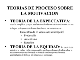TEORIAS DE PROCESO SOBRE
LA MOTIVACION
• TEORIA DE LA EXPECTATIVA:
Ayuda a explicar porque muchos empleados no están motivados en sus
trabajos y simplemente hacen lo mínimo para mantenerse.
– Esta enfocada en valores del desempeño:
» Producción
» Ausentismo
» Rotación
• TEORIA DE LA EQUIDAD: La esencia de
esta teoría radica en la comparación que hacen los empleados sobre la
recompensa que reciben sus esfuerzos con las que reciben sus
compañeros de trabajo en situaciones similares.
 
