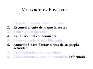 Motivadores Positivos
1. Asignación de responsabilidades
2. Reconocimiento de lo que hacemos
3. Sentir que mejoramos
4. Expansión del conocimiento
5. Pocos controles y más libertades
6. Autoridad para firmar tareas de su propia
actividad
7. Conocimiento de ser escuchado
8. Conocimiento de que se le mantiene informado.
 