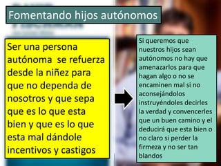 Fomentando hijos autónomos
Ser una persona
autónoma se refuerza
desde la niñez para
que no dependa de
nosotros y que sepa
que es lo que esta
bien y que es lo que
esta mal dándole
incentivos y castigos
Si queremos que
nuestros hijos sean
autónomos no hay que
amenazarlos para que
hagan algo o no se
encaminen mal si no
aconsejándolos
instruyéndoles decirles
la verdad y convencerles
que un buen camino y el
deducirá que esta bien o
no claro si perder la
firmeza y no ser tan
blandos
 