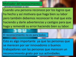 Cuando una persona reconoce por los logros que
ha hecho y así motivara que haga bien su labor
pero también debemos reconocer lo mal que esta
haciendo y darle advertencias y castigos para que
haga y remendé su error haciendo bien su labor.
Esto es algo importante ya que las personas que
se merecen por ser innovadores o buenos
trabajadores son las personas que merecen un
reconocimiento grato por sus actividades.
Motivador del reconocimiento:
El reconocimiento no es para todos:
 