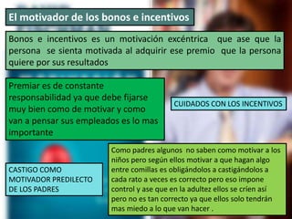 El motivador de los bonos e incentivos
Bonos e incentivos es un motivación excéntrica que ase que la
persona se sienta motivada al adquirir ese premio que la persona
quiere por sus resultados
Premiar es de constante
responsabilidad ya que debe fijarse
muy bien como de motivar y como
van a pensar sus empleados es lo mas
importante
Como padres algunos no saben como motivar a los
niños pero según ellos motivar a que hagan algo
entre comillas es obligándolos a castigándolos a
cada rato a veces es correcto pero eso impone
control y ase que en la adultez ellos se críen así
pero no es tan correcto ya que ellos solo tendrán
mas miedo a lo que van hacer .
CASTIGO COMO
MOTIVADOR PREDILECTO
DE LOS PADRES
CUIDADOS CON LOS INCENTIVOS
 