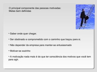 O principal componente das pessoas motivadas:
Metas bem definidas
• Saber onde quer chegar.
• Ser obstinado e comprometido com o caminho que traçou para si.
• Não depender da empresa para manter-se entusiasmado
• Motivar-se sozinho
• A motivação nada mais é do que ter consciência dos motivos que você tem
para agir.
 