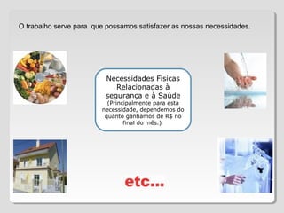 O trabalho serve para que possamos satisfazer as nossas necessidades.
Necessidades Físicas
Relacionadas à
segurança e à Saúde
(Principalmente para esta
necessidade, dependemos do
quanto ganhamos de R$ no
final do mês.)
 