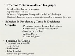 ✦ Procesos Motivacionales en los grupos
- Introducción a la motivación grupal	

- Aspiraciones conjuntas	

- Inﬂuencia del grupo en la aceptación individual de riesgos	

- Efectos de la cooperación y la competencia sobre el proceso de grupo
✦ Solución de Problemas y Toma de Decisiones
Grupales - Personas y proceso de toma de decisiones	

- Controversia y conﬂicto constructivo	

- Solución de problemas	

- Análisis Pareto	

- El líder o el grupo
✦ Técnicas de Grupo
- Grupos de confrontación	

- Role Playing	

- Sociodrama	

- Taller de trabajo	

Discusión en pequeños grupos
 