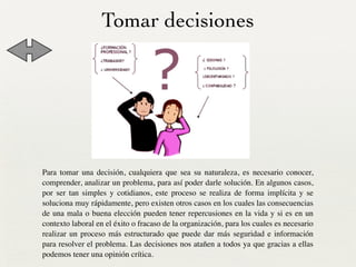 Tomar decisiones
Para tomar una decisión, cualquiera que sea su naturaleza, es necesario conocer,
comprender, analizar un problema, para así poder darle solución. En algunos casos,
por ser tan simples y cotidianos, este proceso se realiza de forma implícita y se
soluciona muy rápidamente, pero existen otros casos en los cuales las consecuencias
de una mala o buena elección pueden tener repercusiones en la vida y si es en un
contexto laboral en el éxito o fracaso de la organización, para los cuales es necesario
realizar un proceso más estructurado que puede dar más seguridad e información
para resolver el problema. Las decisiones nos atañen a todos ya que gracias a ellas
podemos tener una opinión crítica.
 
