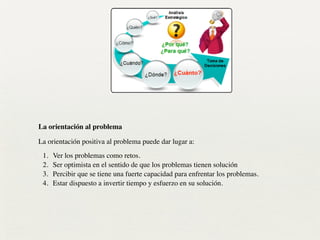 La orientación al problema	

La orientación positiva al problema puede dar lugar a:	

1. Ver los problemas como retos.	

2. Ser optimista en el sentido de que los problemas tienen solución	

3. Percibir que se tiene una fuerte capacidad para enfrentar los problemas.	

4. Estar dispuesto a invertir tiempo y esfuerzo en su solución.
 