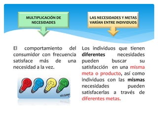 El comportamiento del 
consumidor con frecuencia 
satisface más de una 
necesidad a la vez. 
Los individuos que tienen 
diferentes necesidades 
pueden buscar su 
satisfacción en una misma 
meta o producto, así como 
individuos con las mismas 
necesidades pueden 
satisfacerlas a través de 
diferentes metas. 
MULTIPLICACIÓN DE 
NECESIDADES 
LAS NECESIDADES Y METAS 
VARÍAN ENTRE INDIVIDUOS 
 