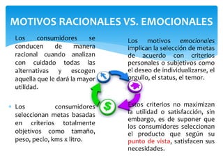 MOTIVOS RACIONALES VS. EMOCIONALES 
 Los consumidores se 
conducen de manera 
racional cuando analizan 
con cuidado todas las 
alternativas y escogen 
aquella que le dará la mayor 
utilidad. 
 Los consumidores 
seleccionan metas basadas 
en criterios totalmente 
objetivos como tamaño, 
peso, pecio, kms x litro. 
Los motivos emocionales 
implican la selección de metas 
de acuerdo con criterios 
personales o subjetivos como 
el deseo de individualizarse, el 
orgullo, el status, el temor. 
Estos criterios no maximizan 
la utilidad o satisfacción, sin 
embargo, es de suponer que 
los consumidores seleccionan 
el producto que según su 
punto de vista, satisfacen sus 
necesidades. 
 