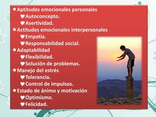 Aptitudes emocionales personales
  Autoconcepto.
  Asertividad.
Actitudes emocionales interpersonales
  Empatía.
  Responsabilidad social.
Adaptabilidad
  Flexibilidad.
  Solución de problemas.
Manejo del estrés
  Tolerancia.
  Control de impulsos.
Estado de ánimo y motivación
  Optimismo.
  Felicidad.
 