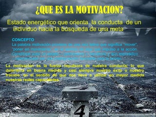 ¿QUE ES LA MOTIVACION? Estado energético que orienta  la conducta  de un individuo hacia la búsqueda de una meta CONCEPTO  La palabra motivación proviene de una raíz latina que significa “mover”, “poner en movimiento”, en el sentido de algo que impulso a la acción. Constituye pues un estado – permanente o transitorio y aun esporádico – caracterizado por una predisposición favorable para la acción. La motivación es la fuerza impulsora de nuestra conducta; lo que determina en buena medida y casi siempre nuestro éxito o nuestro fracaso, en el sentido de que nos lleva a utilizar en mayor medida nuestras reales capacidades. 
