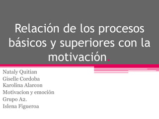 Relación de los procesos 
básicos y superiores con la 
motivación. 
Nataly Quitian 
Giselle Cordoba 
Karolina Alarcon 
Motivacion y emoción 
Grupo A2. 
Islena Figueroa 
 