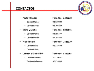 CONTACTOS Paula y Mario: Fono Fijo:  2495230 Celular Mario: 9-8739009 Celular Paula: 9-5798240 Mane y Micho: Fono Fijo:  8808146 Celular Mane: 9-9395377 Celular Micho:  8-4291844 Pilar y Pablo: Fono Fijo:  2423970 Celular Pilar:  9-5375670 Celular Pablo: Carmen  y Guillermo: Fono Fijo:  8846365 Celular Carmen: 7-2110481 Celular Guillermo: 9-3276535 