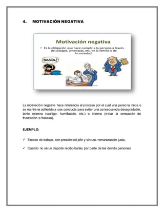 4. MOTIVACIÓN NEGATIVA
La motivación negativa hace referencia al proceso por el cual una persona inicia o
se mantiene adherida a una conducta para evitar una consecuencia desagradable,
tanto externa (castigo, humillación, etc.) o interna (evitar la sensación de
frustración o fracaso).
EJEMPLO:
 Exceso de trabajo, con presión del jefe y sin una remuneración justa.
 Cuando no sé un deporte recibo burlas por parte de las demás personas
 