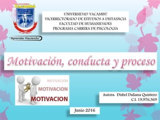 UNIVERSIDAD YACAMBÚ
VICERRECTORADO DE ESTUDIOS A DISTASNCIA
FACULTAD DE HUMANIDADES
PROGRAMA CARRERA DE PSICOLOGIA
Junio 2016
Autora: Disbel Daliana Quintero
C.I: 19,976,369
 