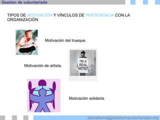 TIPOS DE  MOTIVACIÓN  Y VÍNCULOS DE  PERTENENCIA  CON LA ORGANIZACIÓN Motivación del trueque.  Motivación de artista.  Motivación solidaria.  