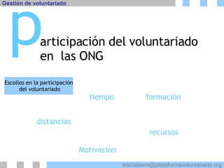 articipación del voluntariado en  las ONG p Escollos en la participación del voluntariado tiempo distancias formación recursos Motivación 