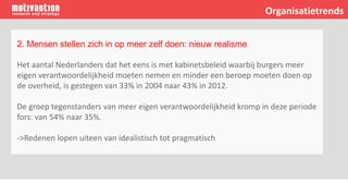 2. Mensen stellen zich in op meer zelf doen: nieuw realisme
Het aantal Nederlanders dat het eens is met kabinetsbeleid waarbij burgers meer
eigen verantwoordelijkheid moeten nemen en minder een beroep moeten doen op
de overheid, is gestegen van 33% in 2004 naar 43% in 2012.
De groep tegenstanders van meer eigen verantwoordelijkheid kromp in deze periode
fors: van 54% naar 35%.
->Redenen lopen uiteen van idealistisch tot pragmatisch
Organisatietrends
 