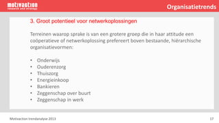 17
3. Groot potentieel voor netwerkoplossingen
Terreinen waarop sprake is van een grotere groep die in haar attitude een
coöperatieve of netwerkoplossing prefereert boven bestaande, hiërarchische
organisatievormen:
• Onderwijs
• Ouderenzorg
• Thuiszorg
• Energieinkoop
• Bankieren
• Zeggenschap over buurt
• Zeggenschap in werk
Motivaction trendanalyse 2013
Organisatietrends
 