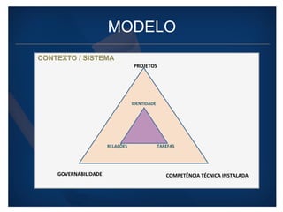 MODELO 
IDENTIDADE 
C 
CONTEXTO / SISTEMA 
RELAÇÕES 
TAREFAS 
COMPETÊNCIA 
TÉCNICA 
INSTALADA 
PROJETOS 
GOVERNABILIDADE 
 