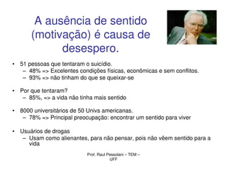 A ausência de sentido
      (motivação) é causa de
            desespero.
• 51 pessoas que tentaram o suicídio.
   – 48% => Excelentes condições físicas, econômicas e sem conflitos.
   – 93% => não tinham do que se queixar-se

• Por que tentaram?
   – 85%, => a vida não tinha mais sentido

• 8000 universitários de 50 Univs americanas.
   – 78% => Principal preocupação: encontrar um sentido para viver

• Usuários de drogas
   – Usam como alienantes, para não pensar, pois não vêem sentido para a
     vida
                           Prof. Raul Pessolani – TEM –
                                       UFF
 