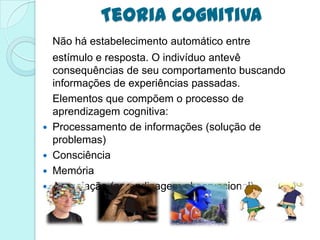 Teoria Cognitiva
 Não há estabelecimento automático entre
  estímulo e resposta. O indivíduo antevê
  consequências de seu comportamento buscando
  informações de experiências passadas.
  Elementos que compõem o processo de
  aprendizagem cognitiva:
 Processamento de informações (solução de
  problemas)
 Consciência
 Memória
 Associação (aprendizagem observacional)
 
