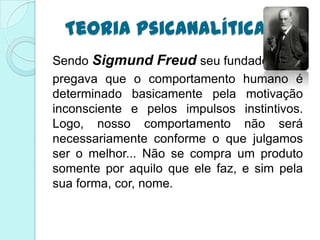 Teoria Psicanalítica
Sendo Sigmund Freud seu fundador,
pregava que o comportamento humano é
determinado basicamente pela motivação
inconsciente e pelos impulsos instintivos.
Logo, nosso comportamento não será
necessariamente conforme o que julgamos
ser o melhor... Não se compra um produto
somente por aquilo que ele faz, e sim pela
sua forma, cor, nome.
 