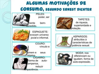 Algumas motivações de
     consumo, segundo Ernest Dichter
                   PELES:
representa          poder, ser
                                                  TAPETES:
   financeiramente     bem-        símbolo      de riqueza,
           sucedido.                          superioridade e
                                           proteção.
                ESPAGUETE:
             evocam universo
              jovial e informal.             ASPARGOS:
                                             atribuídos à
                  COURO:                    características de
representa          vínculo e               potência sexual.
   possessão
    entre o homem e     seus                   MODA: nos
             objetos.                         diferenciam ou
                  CIGARRO:
                                             igualam, forma de
  representa forma de auto-
                                             auto-expressão.
          recompensa,
                                                        .
                    reduzir
           impaciência.
 