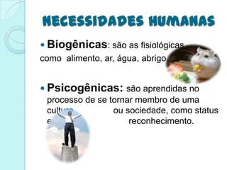 Necessidades Humanas
 Biogênicas: são as fisiológicas
como alimento, ar, água, abrigo.


 Psicogênicas: são aprendidas no
  processo de se tornar membro de uma
  cultura         ou sociedade, como status
  e                   reconhecimento.
 