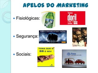Apelos do Marketing

   Fisiológicas:



   Segurança:



   Sociais:
 