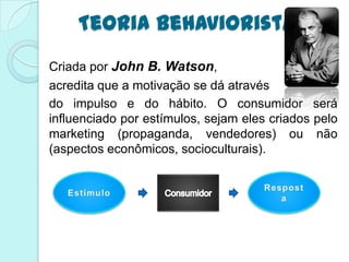 Teoria Behaviorista
Criada por John B. Watson,
acredita que a motivação se dá através
do impulso e do hábito. O consumidor será
influenciado por estímulos, sejam eles criados pelo
marketing (propaganda, vendedores) ou não
(aspectos econômicos, socioculturais).
 