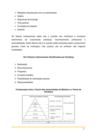 3
 Relações interpessoais com os subordinados
 Salário
 Segurança de emprego
 Vida pessoal
 Condições de trabalho
 Estatuto
Os fatores motivacionais estão sob o controlo dos indivíduos e envolvem
sentimentos de crescimento individual, reconhecimento profissional e
autorrealização. Estes fatores são 6 e quando estão presentes podem proporcionar
grandes níveis de motivação, mas quando não se verificam não originam
insatisfação.
Os 6 fatores motivacionais identificados por Herzberg
 Realização
 Reconhecimento
 Progresso
 O próprio trabalho
 Possibilidade de valorização pessoal
 Responsabilidade
Comparação entre a Teoria das necessidades de Maslow e a Teoria de
Herzberg
 