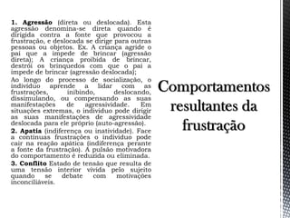 1. Agressão (direta ou deslocada). Esta
agressão denomina-se direta quando é
dirigida contra a fonte que provocou a
frustração, e deslocada se dirige para outras
pessoas ou objetos. Ex. A criança agride o
pai que a impede de brincar (agressão
direta); A criança proibida de brincar,
destrói os brinquedos com que o pai a
impede de brincar (agressão deslocada);
Ao longo do processo de socialização, o
indivíduo aprende a lidar com as
frustrações, inibindo, deslocando,
dissimulando, ou compensando as suas
manifestações de agressividade. Em
situações extremas, o individuo pode dirigir
as suas manifestações de agressividade
deslocada para ele próprio (auto-agressão).
2. Apatia (indiferença ou inatividade). Face
a contínuas frustrações o individuo pode
cair na reação apática (indiferença perante
a fonte da frustração). A pulsão motivadora
do comportamento é reduzida ou eliminada.
3. Conflito Estado de tensão que resulta de
uma tensão interior vivida pelo sujeito
quando se debate com motivações
inconciliáveis.
 