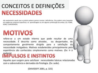 são exatamente aquilo que a própria palavra parece conotar: deficiências. Elas podem estar baseadas
em exigências corporais específicas, na aprendizagem ou em alguma combinação de ambas. (Ex: FOME,
SONO, CURIOSIDADE)
Aqueles que surgem para satisfazer necessidades básicas relacionadas
com a sobrevivência e derivados da fisiologia. (Ex: sede).
refere-se a um estado interno que pode resultar de uma
necessidade. É descrito como ativador, ou despertador, de
comportamento geralmente dirigido para a satisfação da
necessidade instigadora. Motivos estabelecidos principalmente pela
experiência são conhecidos simplesmente como motivos. (Ex: Ir à
padaria)
CONCEITOS E DEFINIÇÕES
(DAVIDOFF 2001, p. 325)
 