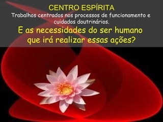 CENTRO ESPÍRITA Trabalhos centrados nos processos de funcionamento e  cuidados doutrinários. E as necessidades do ser humano  que irá realizar essas ações? 