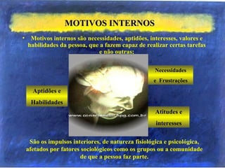 MOTIVOS INTERNOS <ul><li>Motivos internos são necessidades, aptidões, interesses, valores e habilidades da pessoa, que a f...