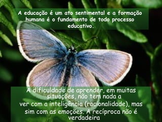 A educação é um ato sentimental e a formação
  humana é o fundamento de todo processo
                 educativo.




  A dificuldade de aprender, em muitas
         situações, não tem nada a
ver com a inteligência (racionalidade), mas
  sim com as emoções. A recíproca não é
                 verdadeira
 