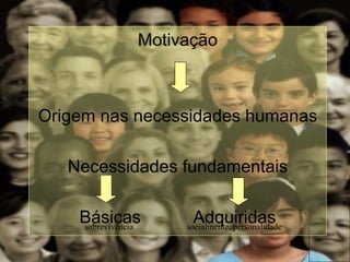 Motivação



Origem nas necessidades humanas

   Necessidades fundamentais

    Básicas
    sobrevivência
                       Adquiridas
                     socialmente, personalidade
 