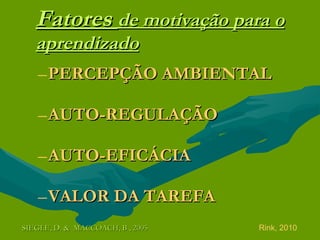 Fatores  de motivação para o aprendizado PERCEPÇÃO AMBIENTAL AUTO-REGULAÇÃO AUTO-EFICÁCIA VALOR DA TAREFA Rink, 2010 SIEGLE, D. &  MACCOACH, B., 2005 