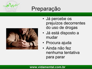 Preparação
• Já percebe os
prejuízos decorrentes
do uso de drogas
• Já está disposto a
mudar
• Procura ajuda
• Ainda não fez
nenhuma tentativa
para parar
 