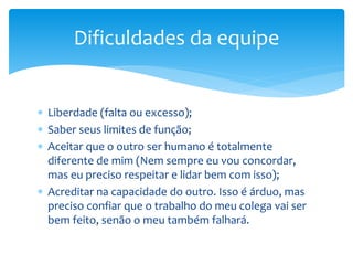  Liberdade (falta ou excesso);
 Saber seus limites de função;
 Aceitar que o outro ser humano é totalmente
diferente de mim (Nem sempre eu vou concordar,
mas eu preciso respeitar e lidar bem com isso);
 Acreditar na capacidade do outro. Isso é árduo, mas
preciso confiar que o trabalho do meu colega vai ser
bem feito, senão o meu também falhará.
Dificuldades da equipe
 