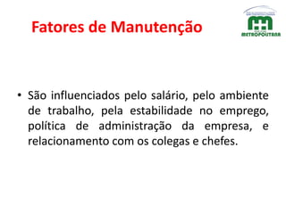 Fatores de Manutenção
• São influenciados pelo salário, pelo ambiente
de trabalho, pela estabilidade no emprego,
política de administração da empresa, e
relacionamento com os colegas e chefes.
 