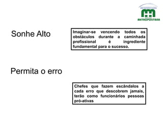 Imaginar-se vencendo todos os
obstáculos durante a caminhada
profissional é ingrediente
fundamental para o sucesso.
Sonhe Alto
Permita o erro
Chefes que fazem escândalos a
cada erro que descobrem jamais,
terão como funcionários pessoas
pró-ativas
 