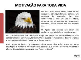 MOTIVAÇÃO PARA TODA VIDA
                                         Em nossa vida, muitas vezes, temos de nos
                                         resguardar por algum tempo e começar um
                                         processo    de renovação. Para que
                                         continuemos a voar um vôo de vitória,
                                         devemos nos desprender de lembranças,
                                         costumes, velhos hábitos que nos causam
                                         dor.
                                         Os Águias são aqueles que unem alta
                                         performance a inteligência emocional, ou
seja, são profissionais que conseguem atingir suas metas sem deixar de lado um bom
comportamento. Geralmente, formam 20% do quadro de funcionários de uma empresa
e são os responsáveis por grande parte do seu sucesso.

Assim como as águias, os integrantes desse grupo têm visão, atuam de forma
estratégica e mantém o foco diante dos desafios, que aliado à disciplina possibilita o
alcance de resultados expressivos, com “botes certeiros”.
 