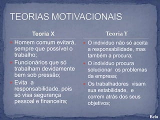Teoria X
 Homem comum evitará,
sempre que possível o
trabalho;
 Funcionários que só
trabalham devidamente
bem sob pressão;
 Evita a
responsabilidade, pois
só visa segurança
pessoal e financeira;
 O individuo não só aceita
a responsabilidade, mas
também a procura;
 O individuo procura
solucionar os problemas
da empresa;
 Os trabalhadores visam
sua estabilidade, e
correm atrás dos seus
objetivos;
Teoria Y
Bela
 