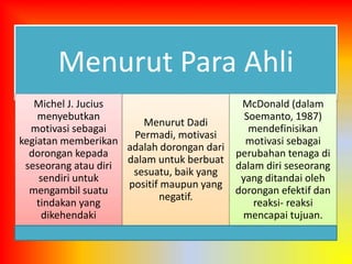 Menurut Para Ahli
Michel J. Jucius
menyebutkan
motivasi sebagai
kegiatan memberikan
dorongan kepada
seseorang atau diri
sendiri untuk
mengambil suatu
tindakan yang
dikehendaki
Menurut Dadi
Permadi, motivasi
adalah dorongan dari
dalam untuk berbuat
sesuatu, baik yang
positif maupun yang
negatif.
McDonald (dalam
Soemanto, 1987)
mendefinisikan
motivasi sebagai
perubahan tenaga di
dalam diri seseorang
yang ditandai oleh
dorongan efektif dan
reaksi- reaksi
mencapai tujuan.
 