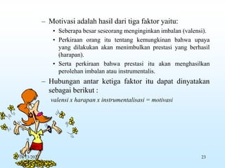 – Motivasi adalah hasil dari tiga faktor yaitu:
• Seberapa besar seseorang menginginkan imbalan (valensi).
• Perkiraan orang itu tentang kemungkinan bahwa upaya
yang dilakukan akan menimbulkan prestasi yang berhasil
(harapan).
• Serta perkiraan bahwa prestasi itu akan menghasilkan
perolehan imbalan atau instrumentalis.
– Hubungan antar ketiga faktor itu dapat dinyatakan
sebagai berikut :
valensi x harapan x instrumentalisasi = motivasi
10/13/2023 23
 