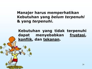 Manajer harus memperhatikan
Kebutuhan yang belum terpenuhi
& yang terpenuhi.
Kebutuhan yang tidak terpenuhi
dapat menyebabkan frustasi,
konflik, dan tekanan.
10/13/2023 24
 