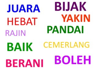 BIJAK
JUARA
YAKIN
BOLEH
HEBAT
CEMERLANG
PANDAI
BAIK
RAJIN
BERANI
 